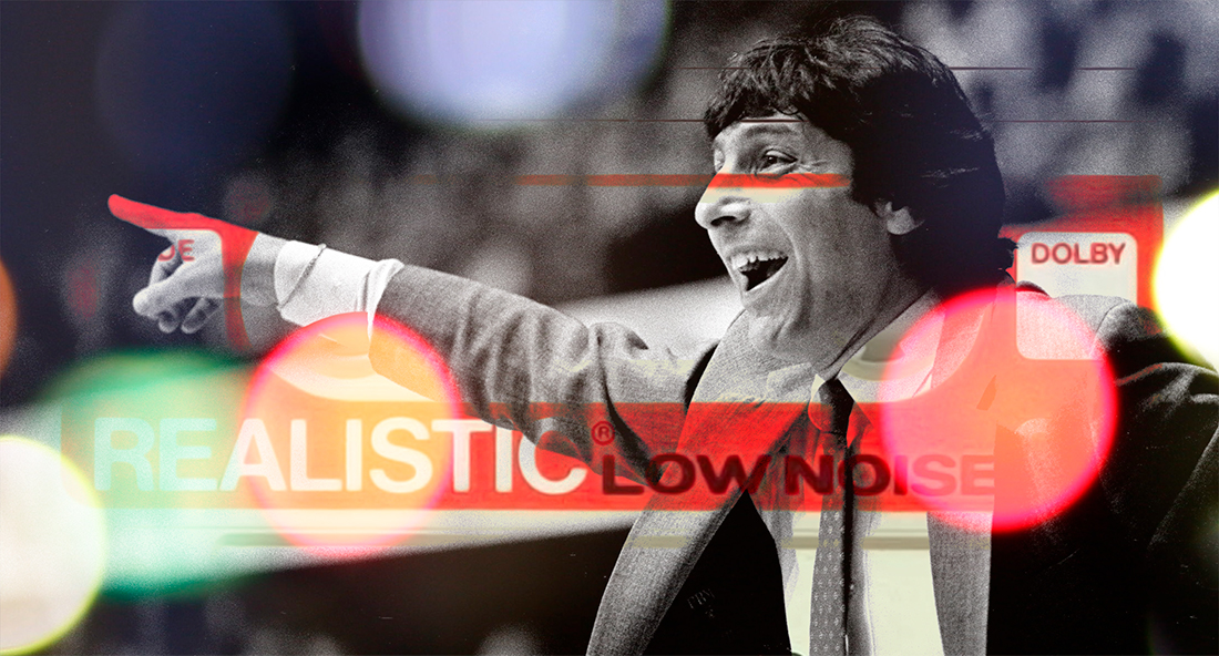 Coach Jimmy Valvano speaking and gesturing enthusiastically, the suggestion of a Radio Shack Realistic cassette tape overlaid.