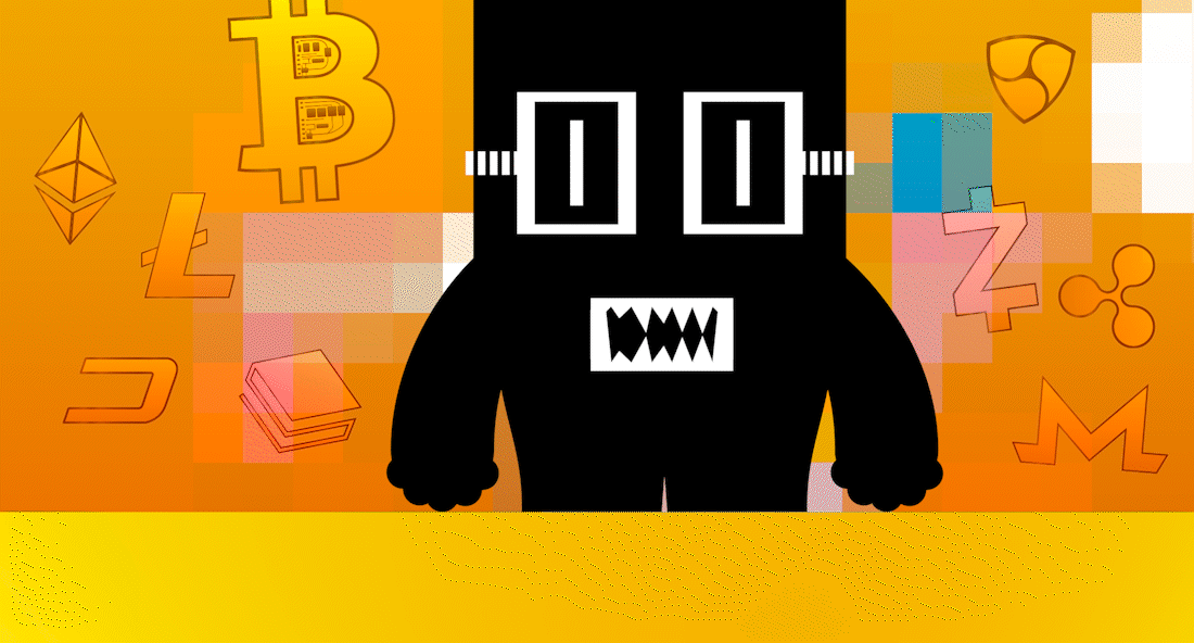 A Bitcoin rolls across the foreground, eventually eaten by a dark, geeky-looking monster whose image glitches in and out.
