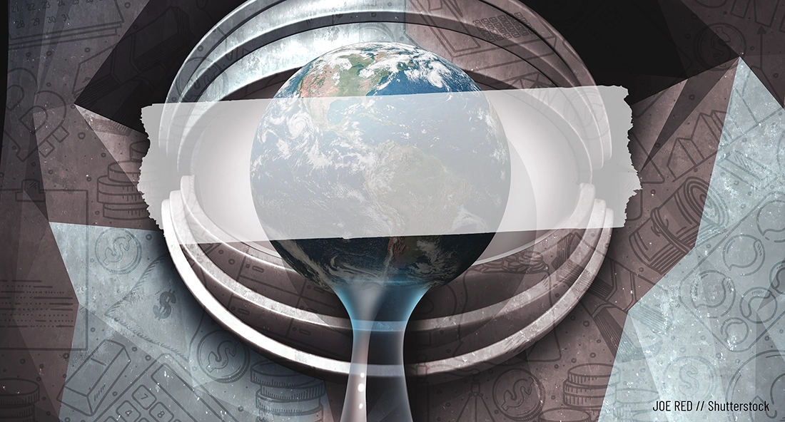 A somewhat abstract image suggestive of a human eye, the pupil represented by Earth, with what appears to be a tear falling from the globe and a piece of masking tape over the whole eye.